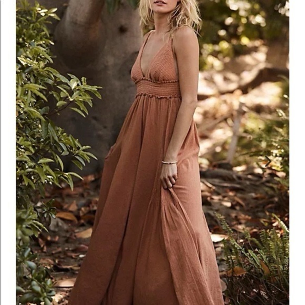 Free People Cotton/Linen Heat Haze Triangle Top Brown Maxi Dress Size Medium